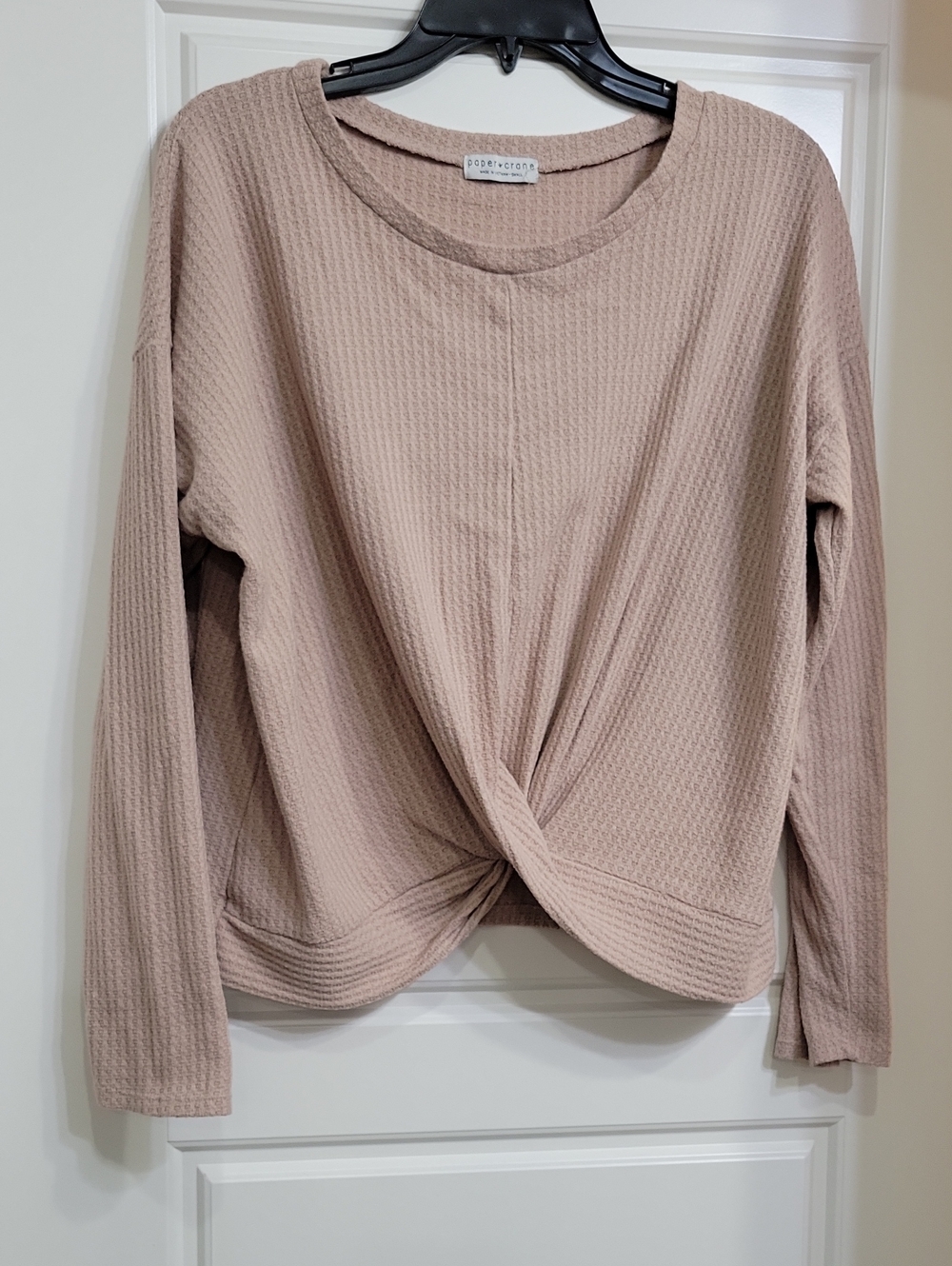 Paper Crane Taupe Twist-Waist Waffle Knit Top
